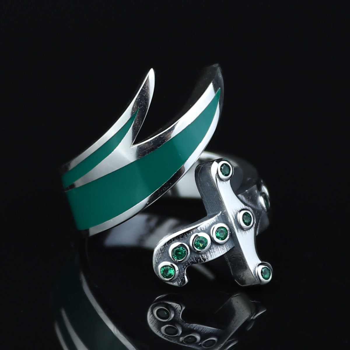 925 Sterling Silver Double Zulfiqar Sword Ring with Emerald Stone