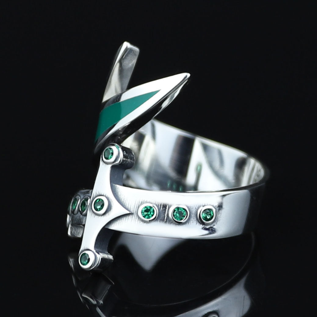 925 Sterling Silver Double Zulfiqar Sword Ring with Emerald Stone