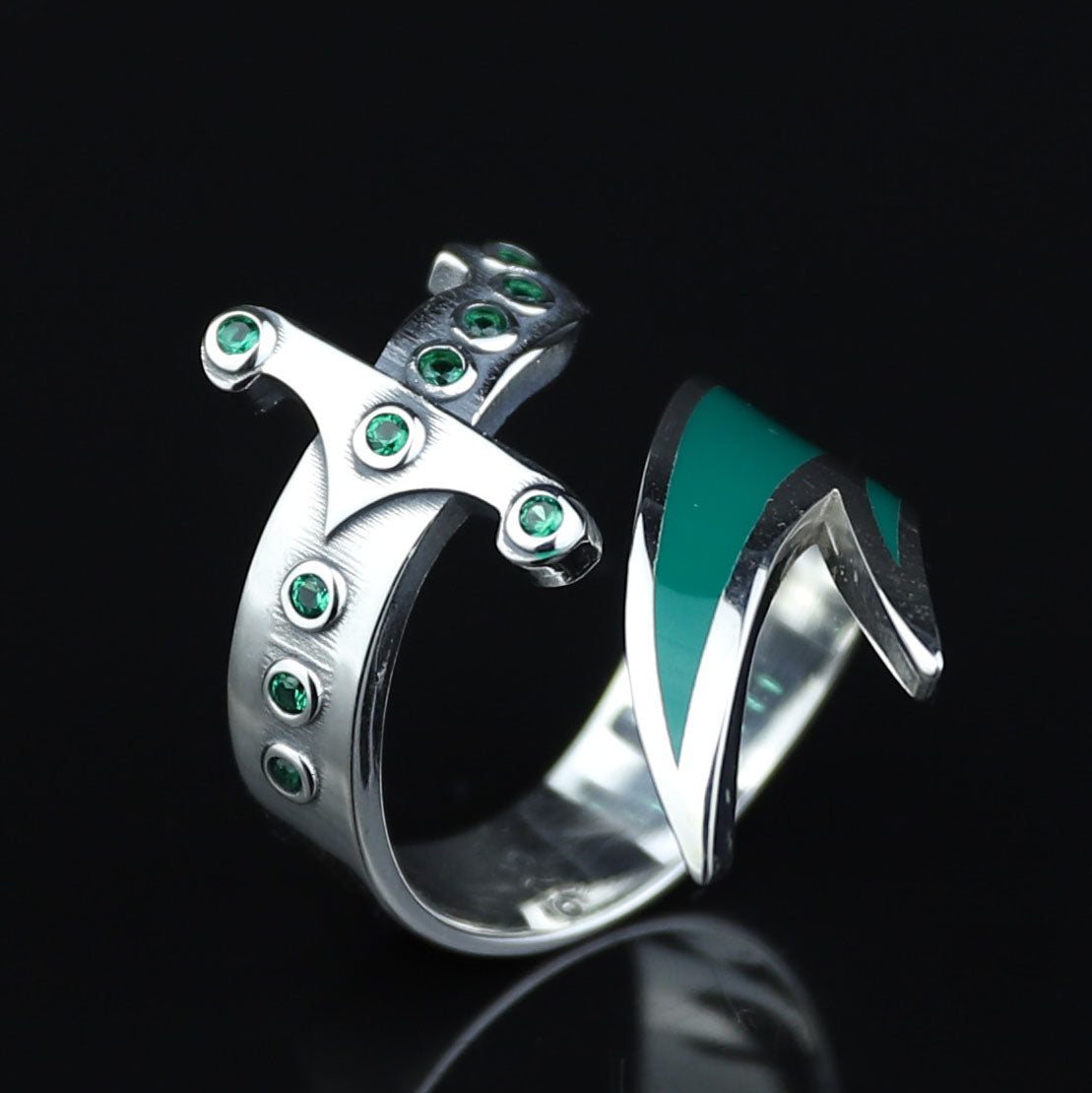 925 Sterling Silver Double Zulfiqar Sword Ring with Emerald Stone
