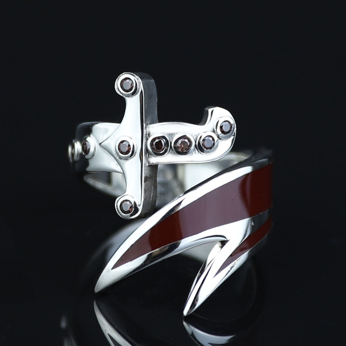 925 Sterling Silver Double Zulfiqar Sword Ring with Ruby Stone