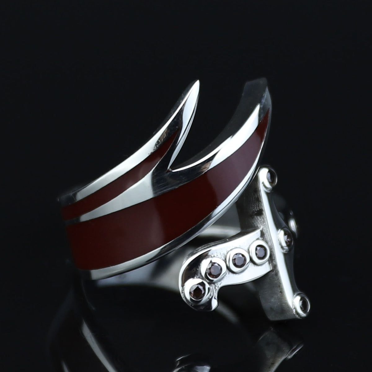 925 Sterling Silver Double Zulfiqar Sword Ring with Ruby Stone