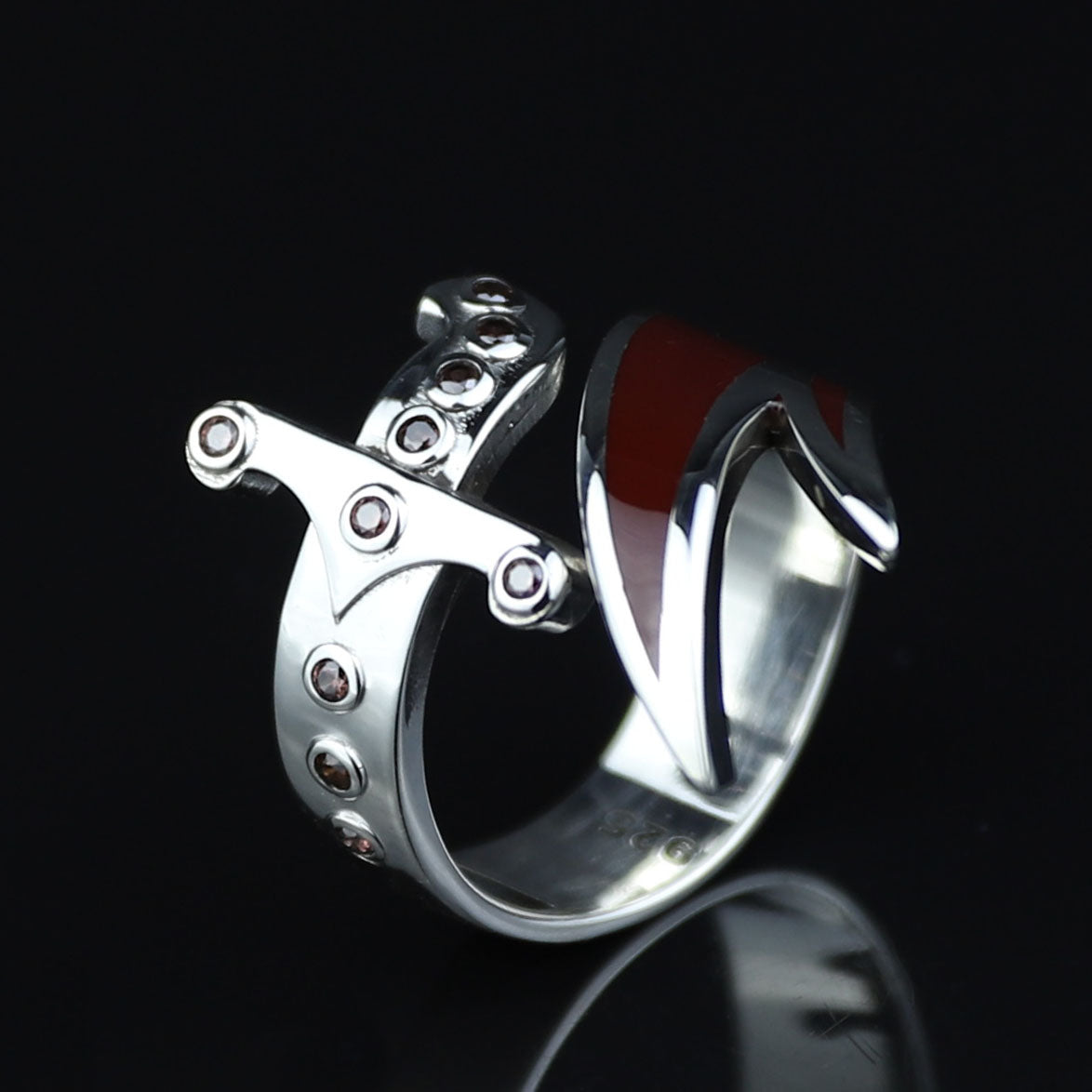 925 Sterling Silver Double Zulfiqar Sword Ring with Ruby Stone