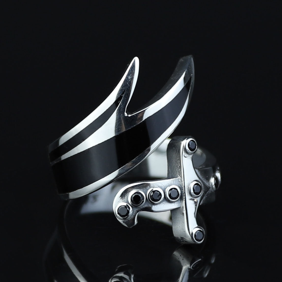 925 Sterling Silver Zulfiqar Sword Ring with Black Onyx for Men