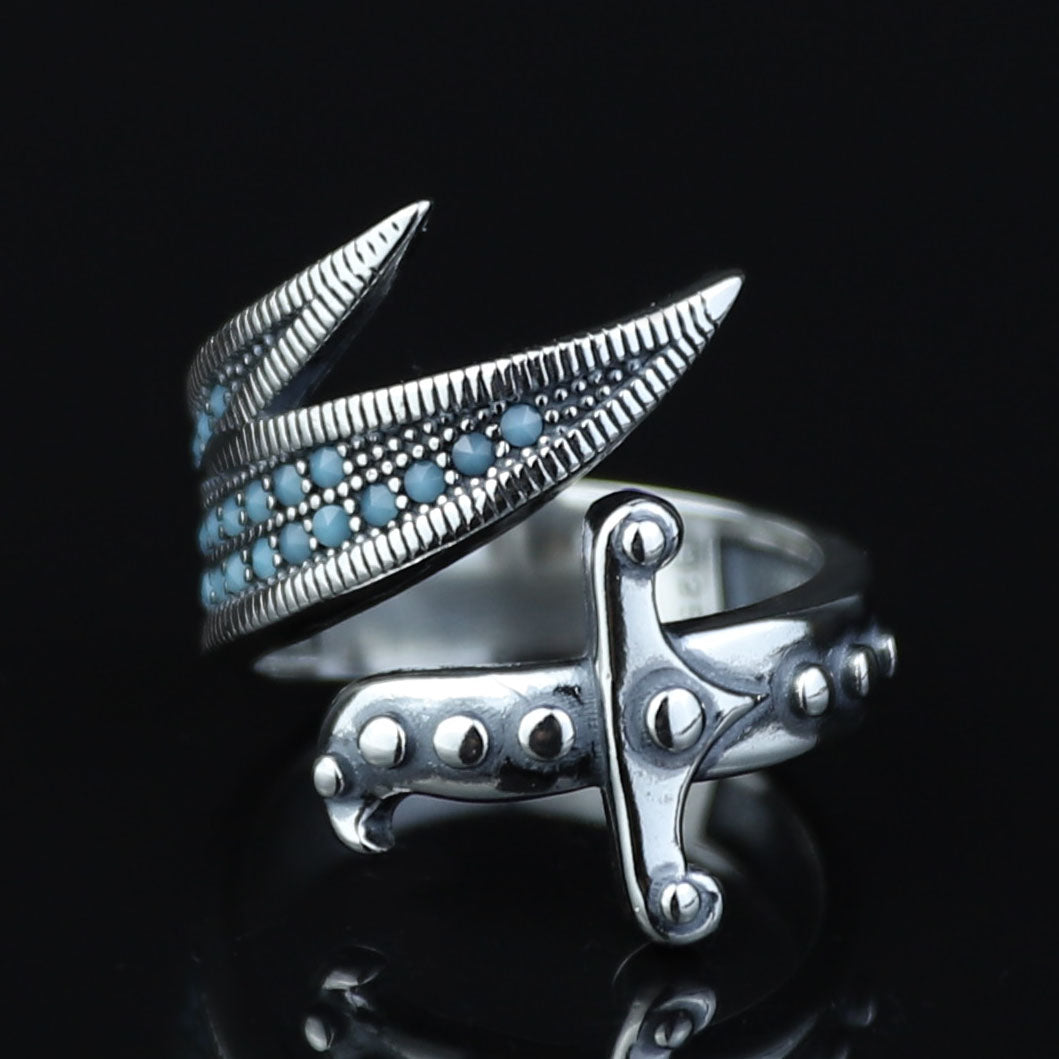 925 Sterling Silver Zulfiqar Sword Ring with Turquoise Stone