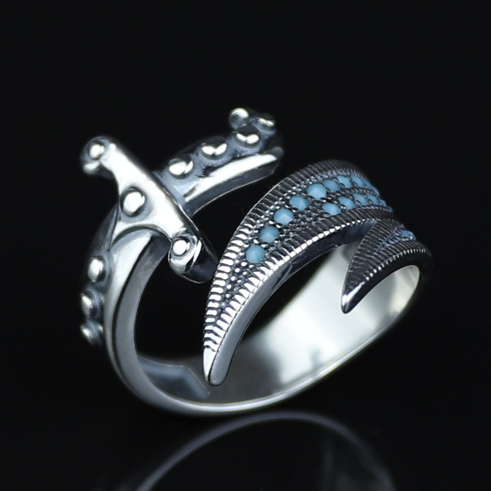 925 Sterling Silver Zulfiqar Sword Ring with Turquoise Stone