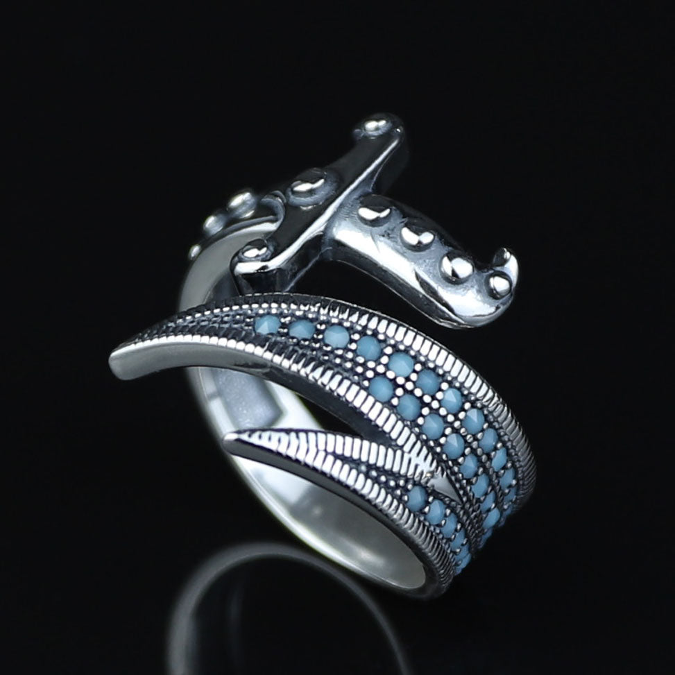 925 Sterling Silver Zulfiqar Sword Ring with Turquoise Stone
