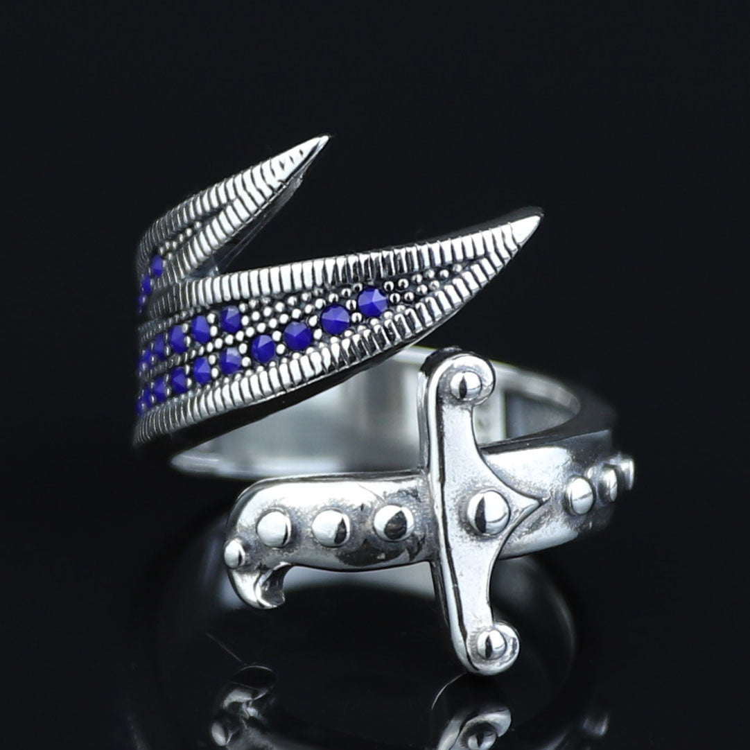 925 Sterling Silver Adjustable Zulfiqar Sword Ring with Sapphire Stone