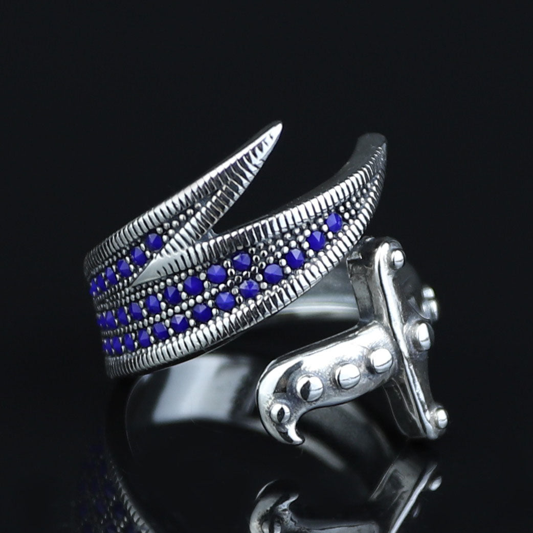 925 Sterling Silver Adjustable Zulfiqar Sword Ring with Sapphire Stone