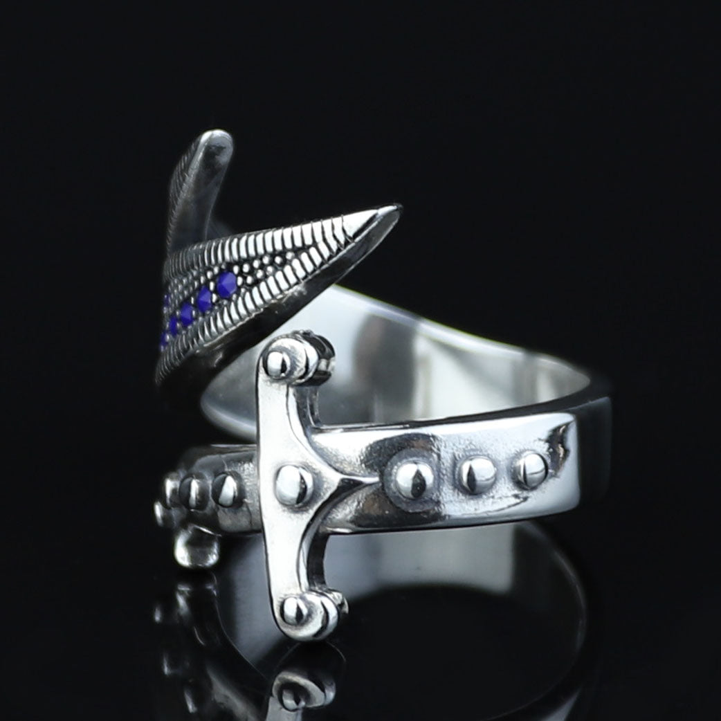 925 Sterling Silver Adjustable Zulfiqar Sword Ring with Sapphire Stone