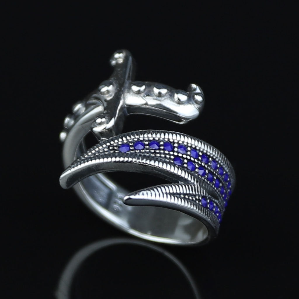 925 Sterling Silver Adjustable Zulfiqar Sword Ring with Sapphire Stone