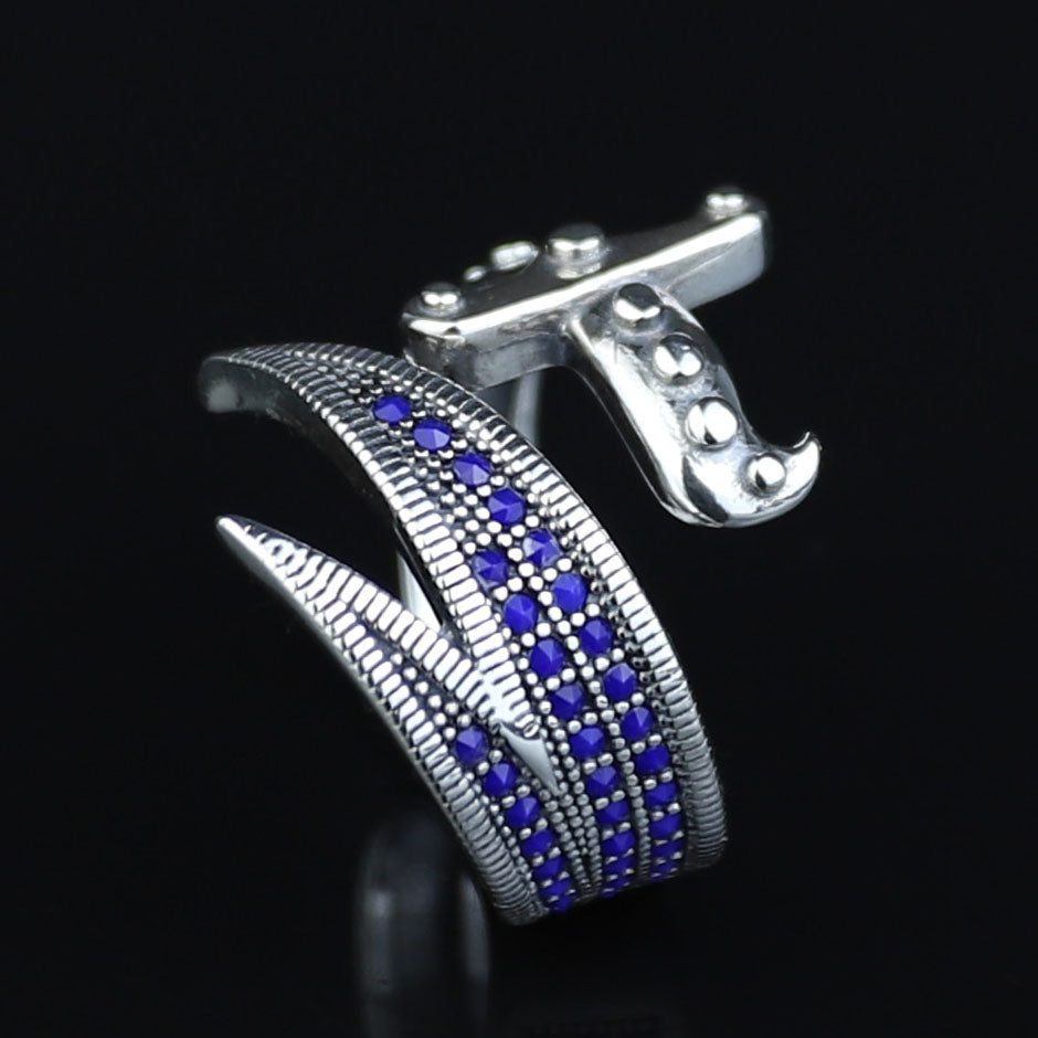 925 Sterling Silver Adjustable Zulfiqar Sword Ring with Sapphire Stone