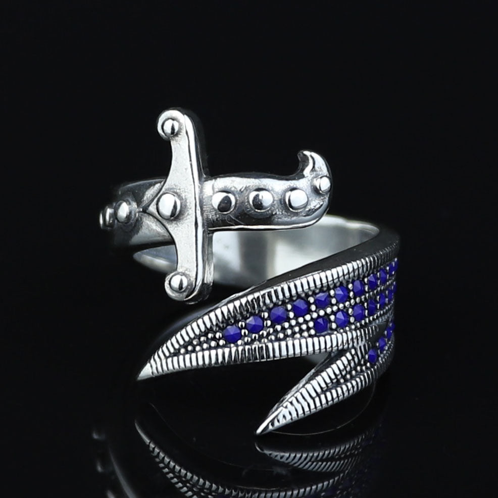 925 Sterling Silver Adjustable Zulfiqar Sword Ring with Sapphire Stone