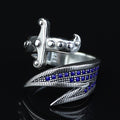 925 Sterling Silver Adjustable Zulfiqar Sword Ring with Sapphire Stone