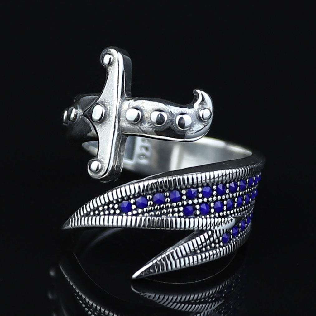 925 Sterling Silver Adjustable Zulfiqar Sword Ring with Sapphire Stone