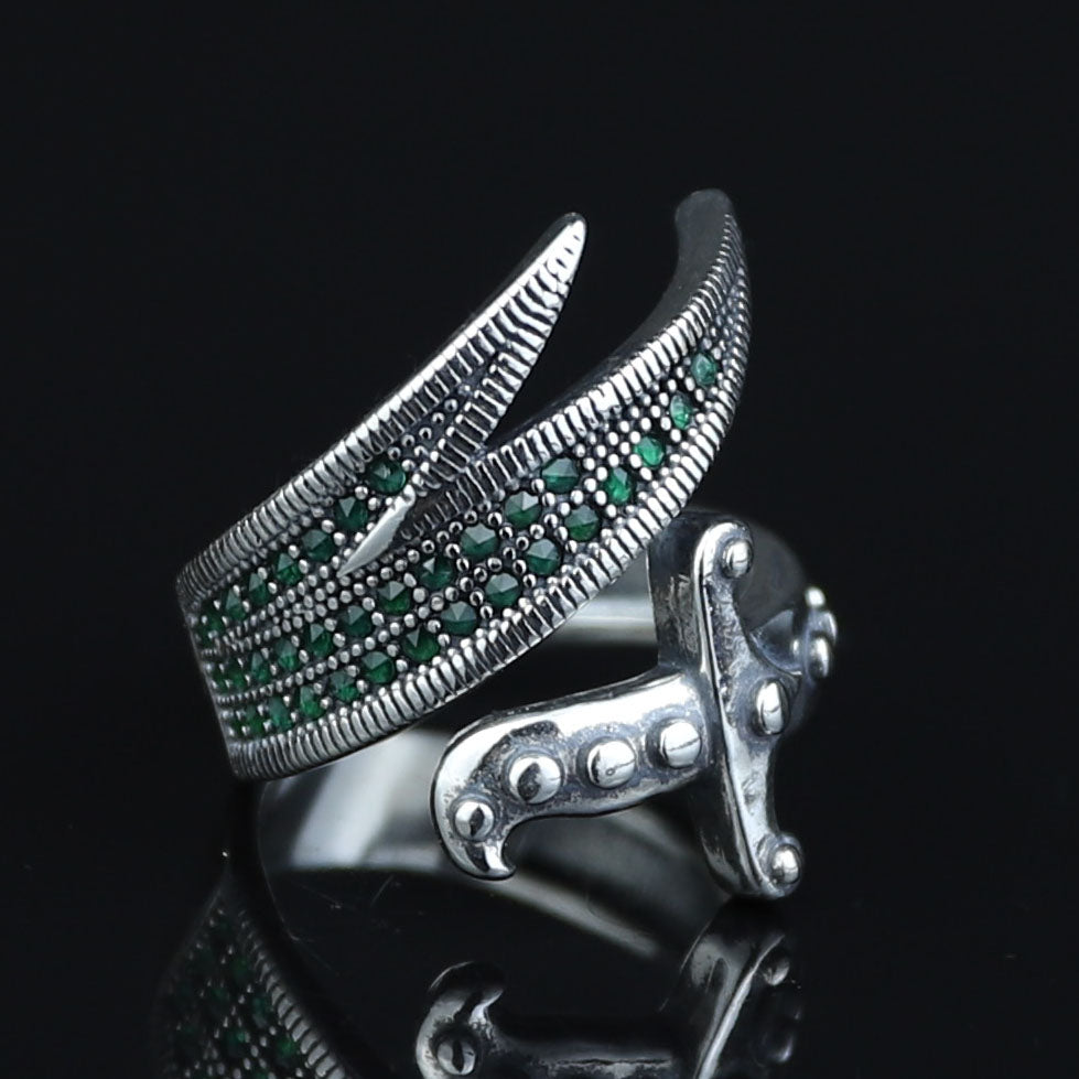 925 Sterling Silver Zulfiqar Sword Ring with Emerald Stone for Men