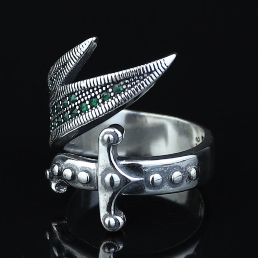 925 Sterling Silver Zulfiqar Sword Ring with Emerald Stone for Men