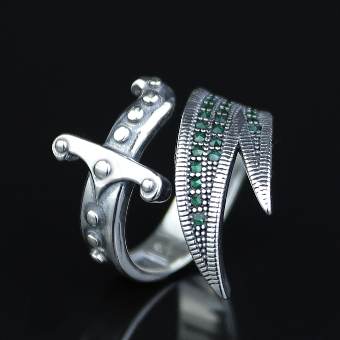 925 Sterling Silver Zulfiqar Sword Ring with Emerald Stone for Men