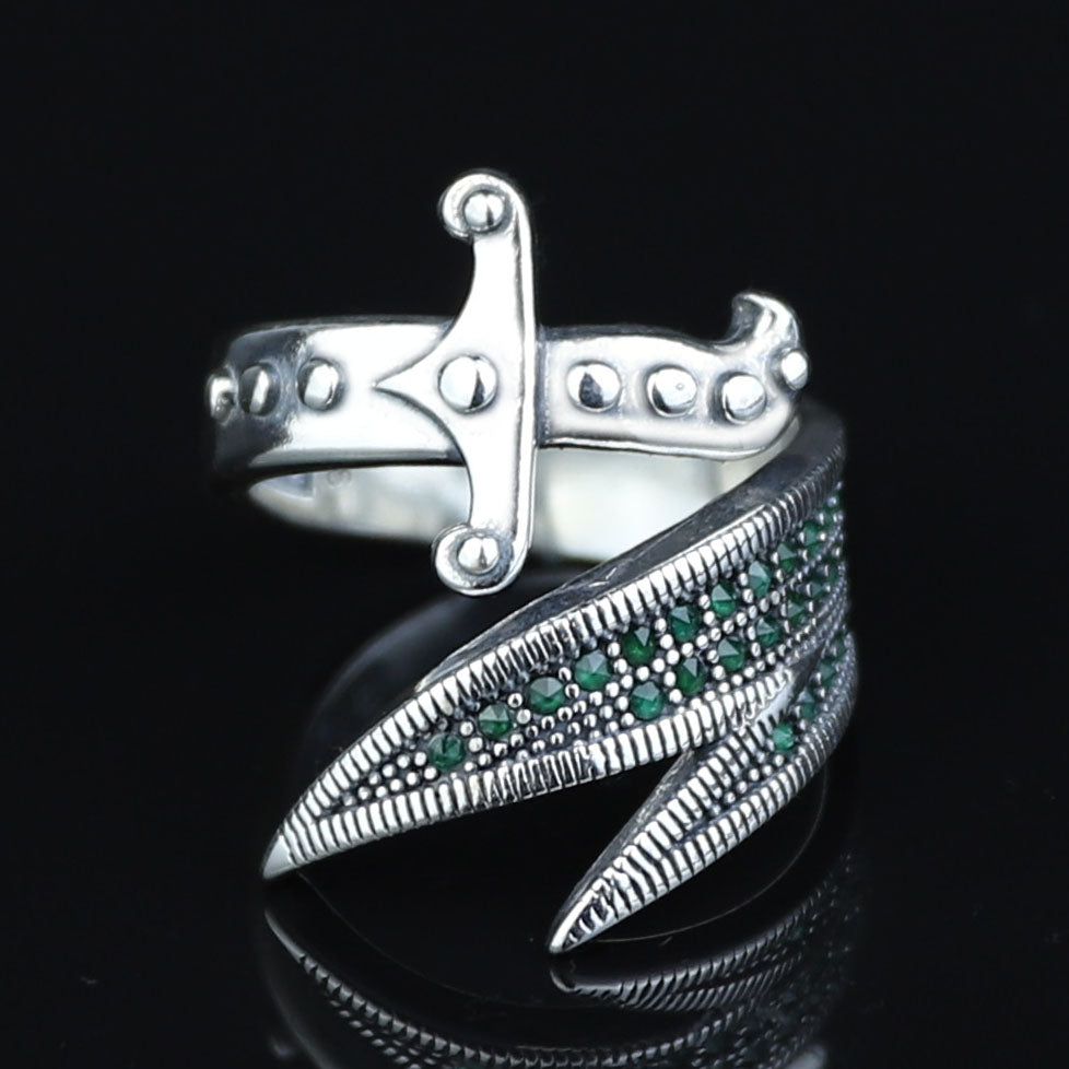 925 Sterling Silver Zulfiqar Sword Ring with Emerald Stone for Men