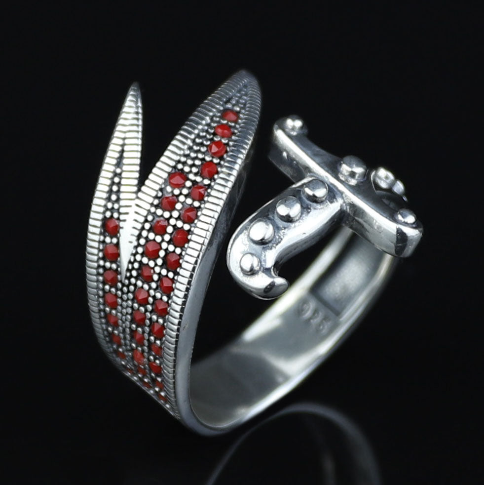 925 Sterling Silver Adjustable Zulfiqar Sword Ring with Ruby Stone