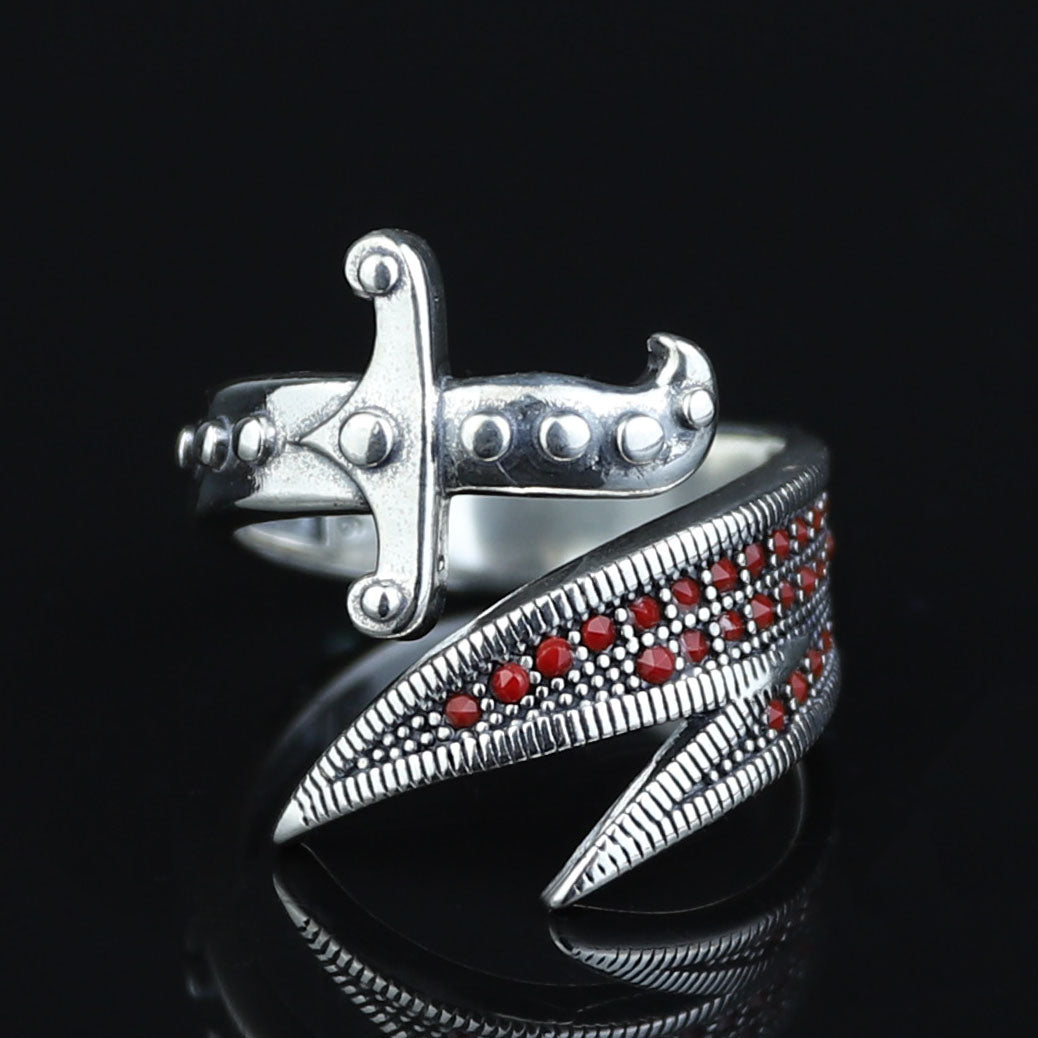 925 Sterling Silver Adjustable Zulfiqar Sword Ring with Ruby Stone
