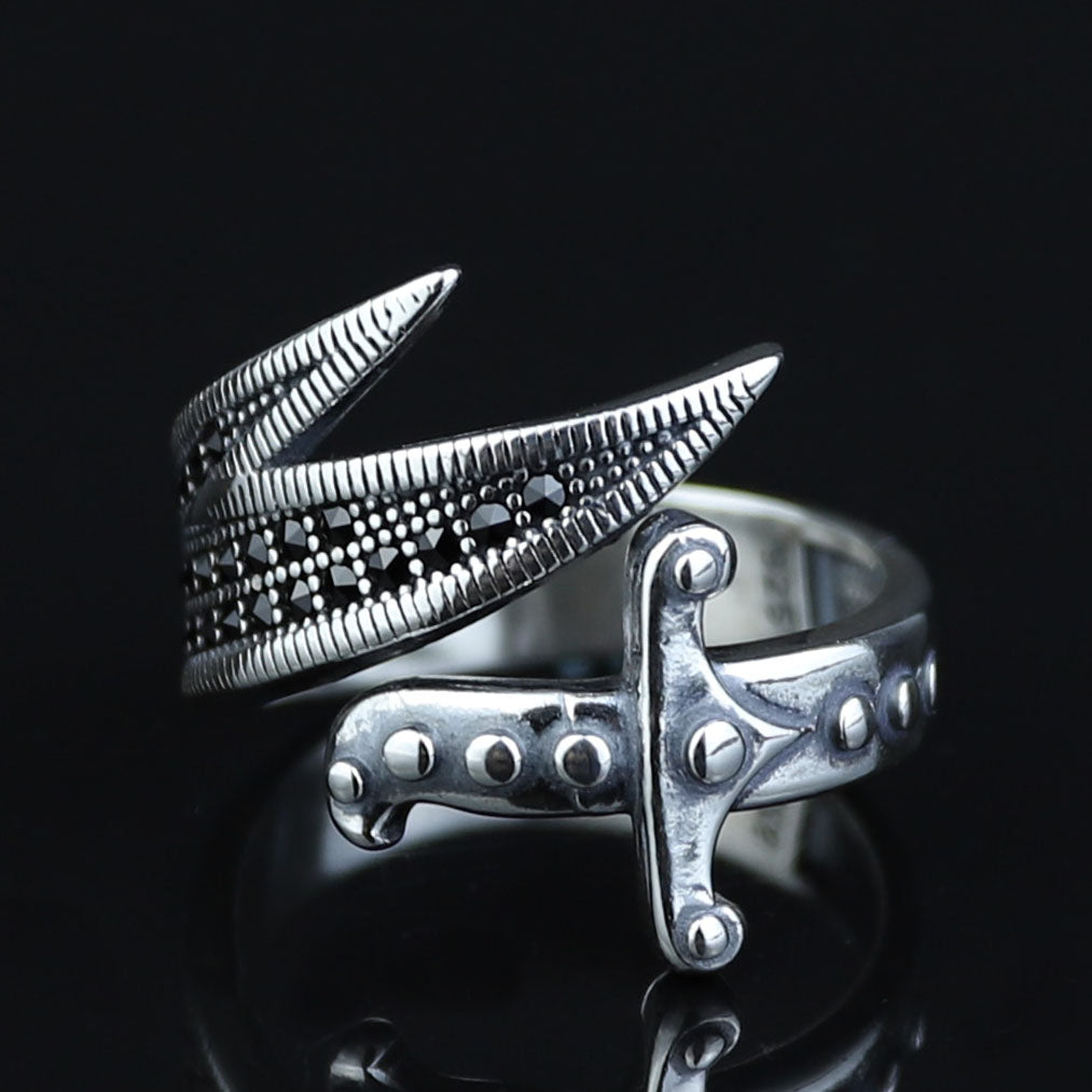 925 Sterling Silver Zulfiqar Sword Ring with Black Onyx for Men