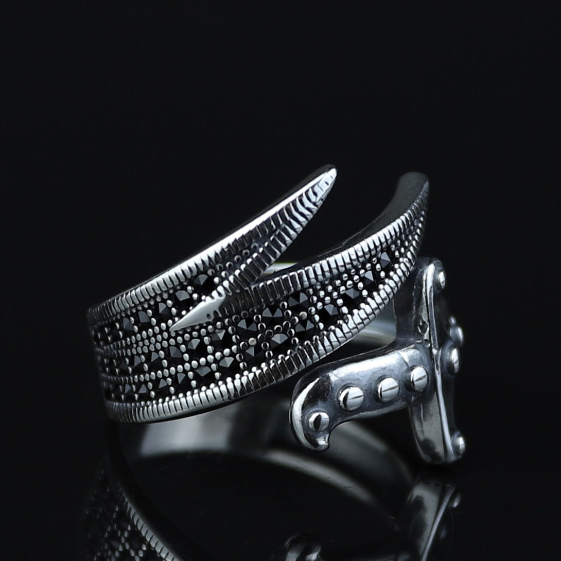 925 Sterling Silver Zulfiqar Sword Ring with Black Onyx for Men