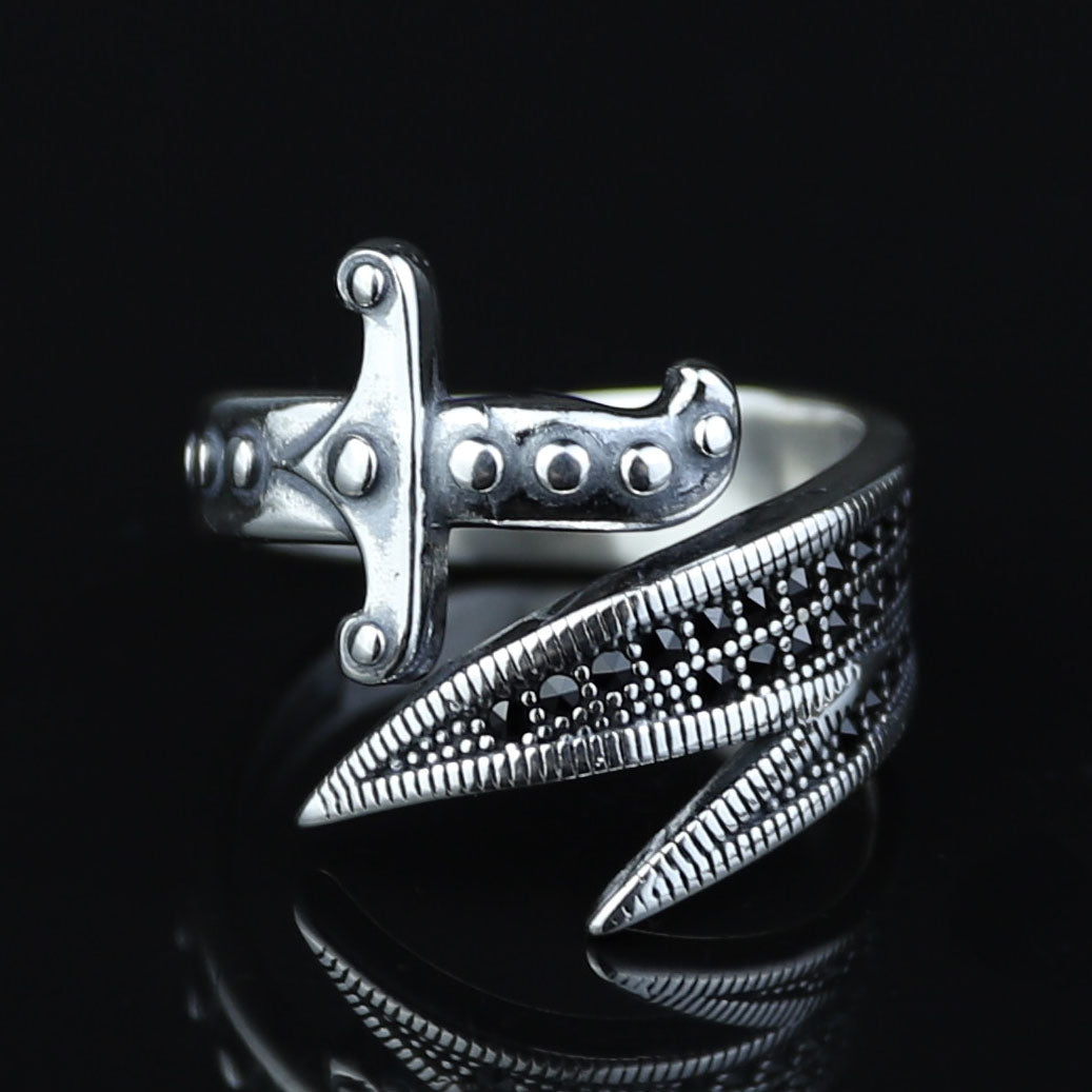 925 Sterling Silver Zulfiqar Sword Ring with Black Onyx for Men