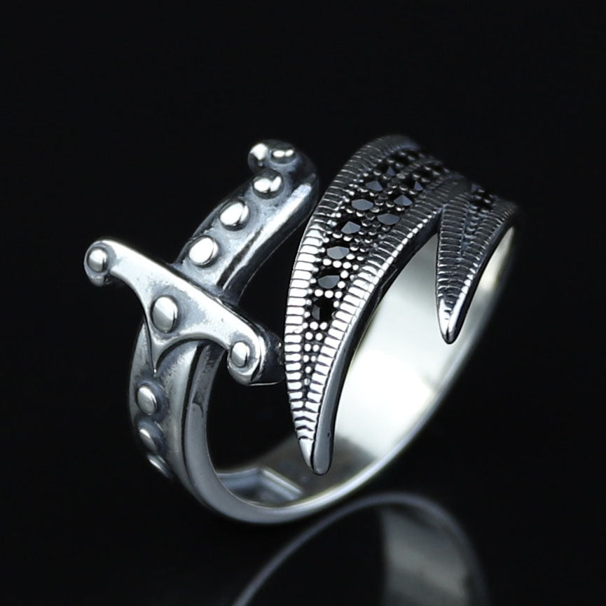 925 Sterling Silver Zulfiqar Sword Ring with Black Onyx for Men