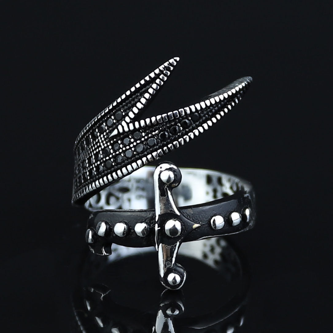 925 Sterling Silver Adjustable Zulfiqar Sword Ring with Black Onyx