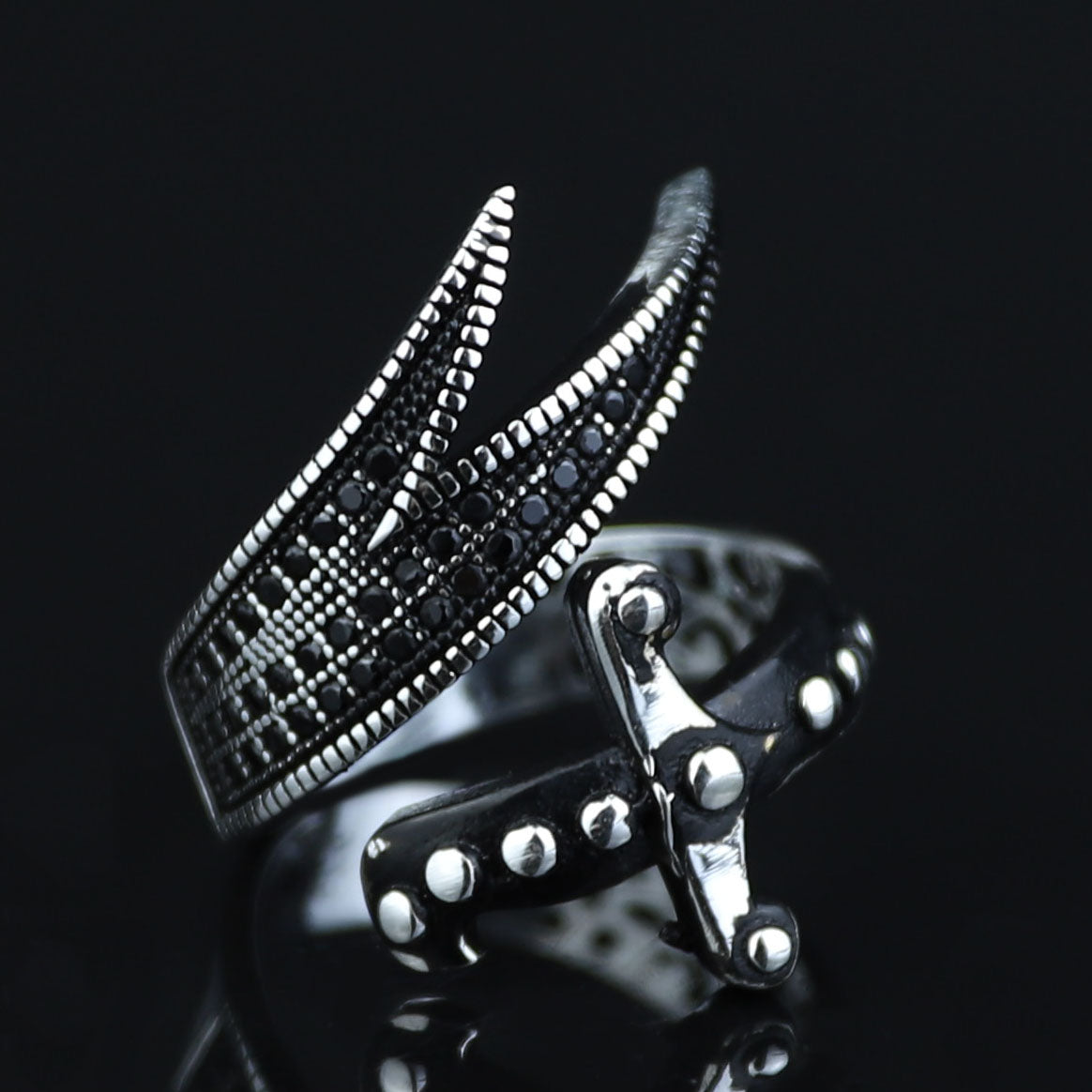 925 Sterling Silver Adjustable Zulfiqar Sword Ring with Black Onyx