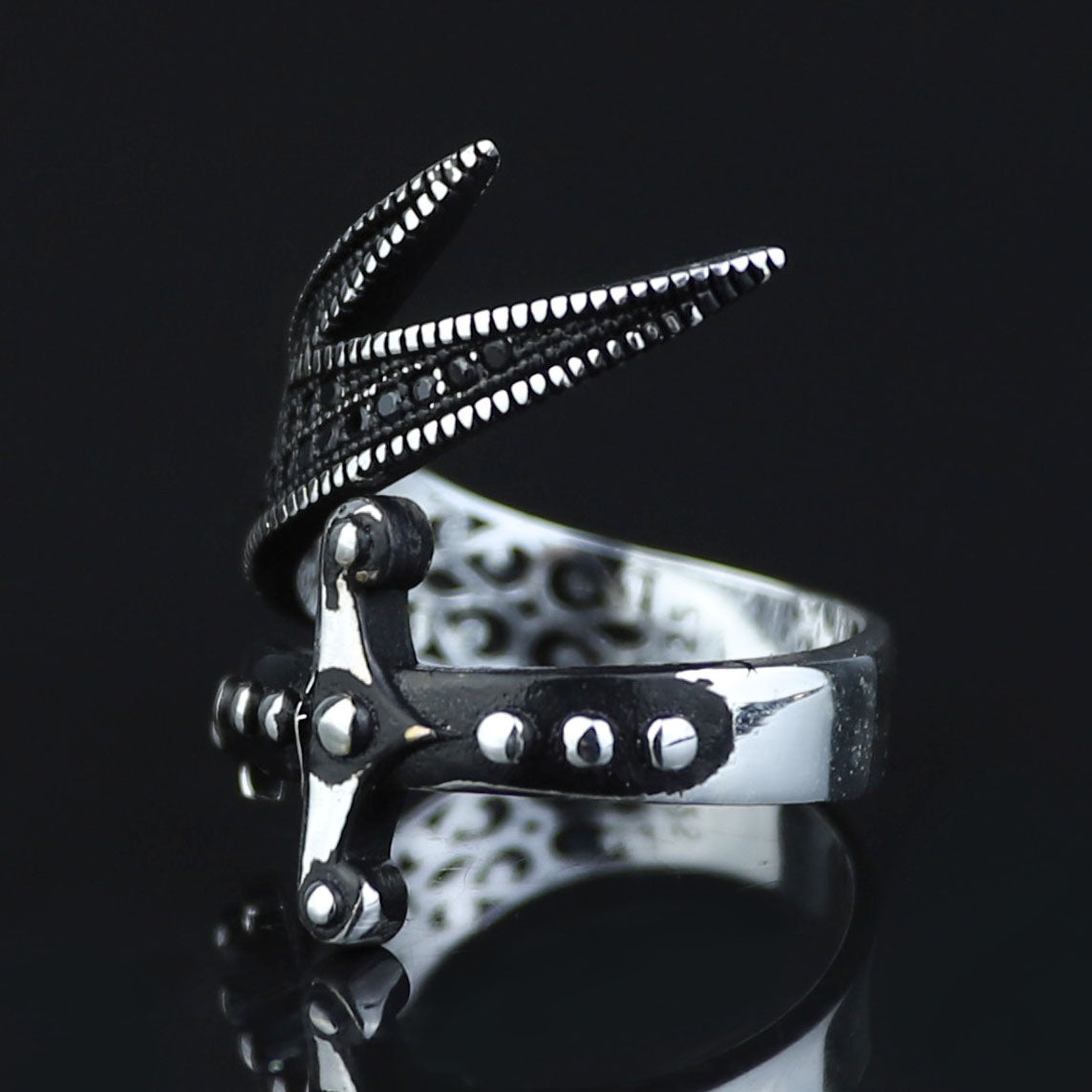 925 Sterling Silver Adjustable Zulfiqar Sword Ring with Black Onyx