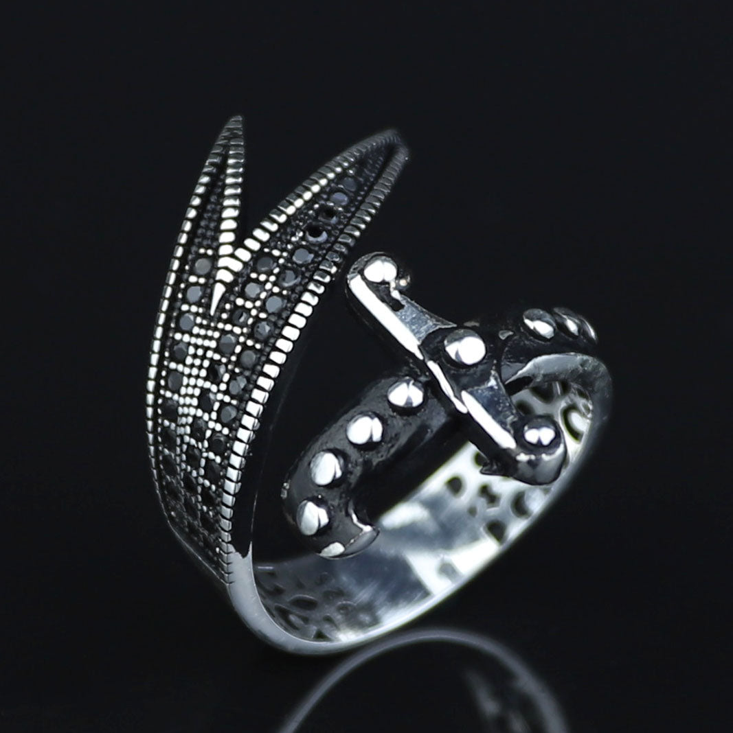925 Sterling Silver Adjustable Zulfiqar Sword Ring with Black Onyx