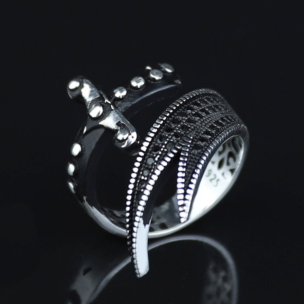 925 Sterling Silver Adjustable Zulfiqar Sword Ring with Black Onyx