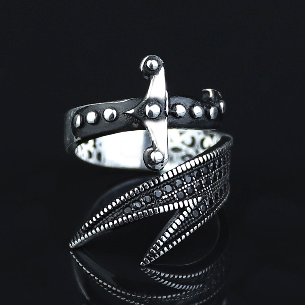 925 Sterling Silver Adjustable Zulfiqar Sword Ring with Black Onyx