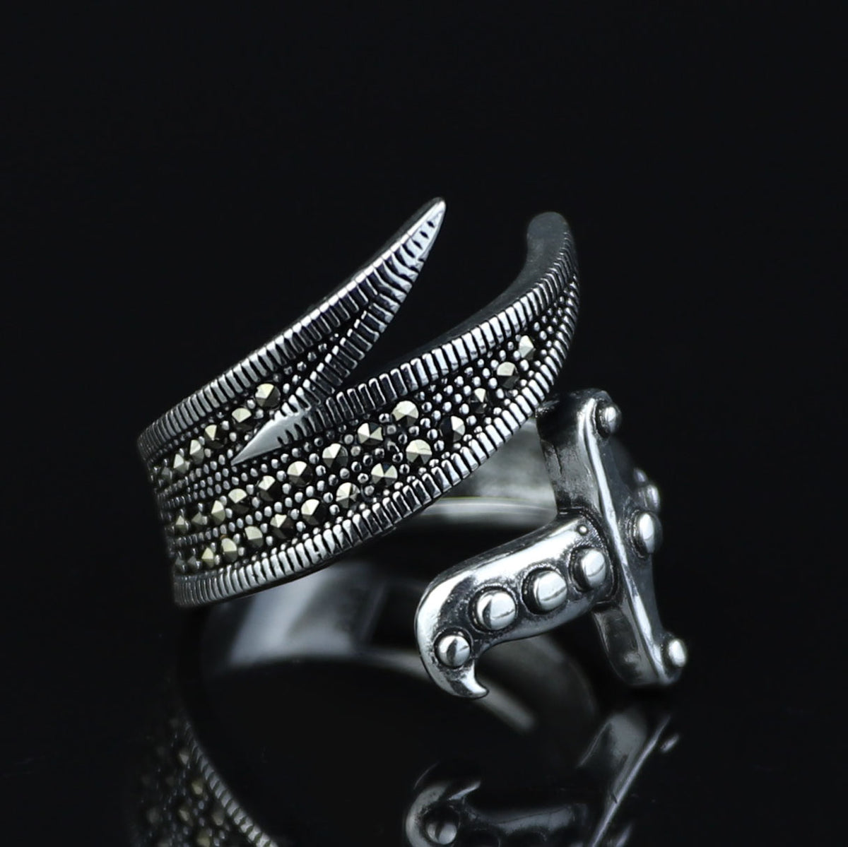 925 Sterling Silver Double Zulfiqar Sword Ring with Marcasite Stones