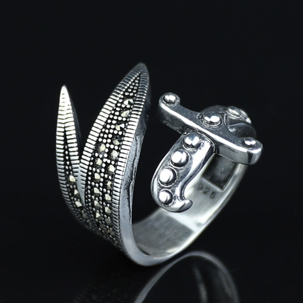 925 Sterling Silver Double Zulfiqar Sword Ring with Marcasite Stones