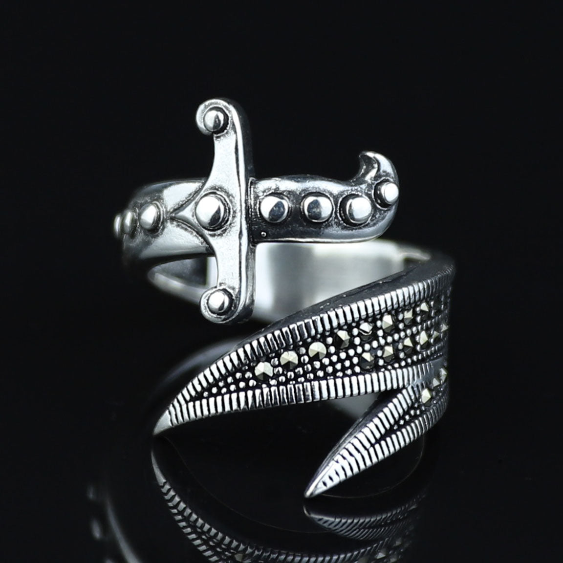 925 Sterling Silver Double Zulfiqar Sword Ring with Marcasite Stones