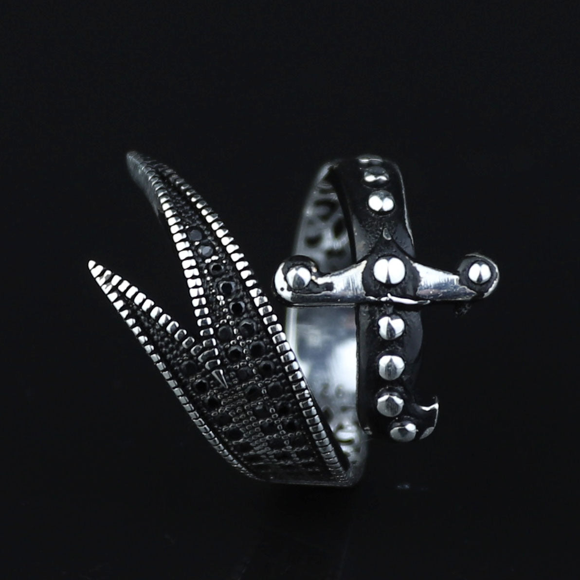925 Sterling Silver Adjustable Zulfiqar Sword Ring with Black Onyx