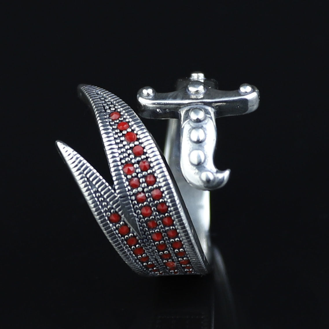 925 Sterling Silver Adjustable Zulfiqar Sword Ring with Ruby Stone