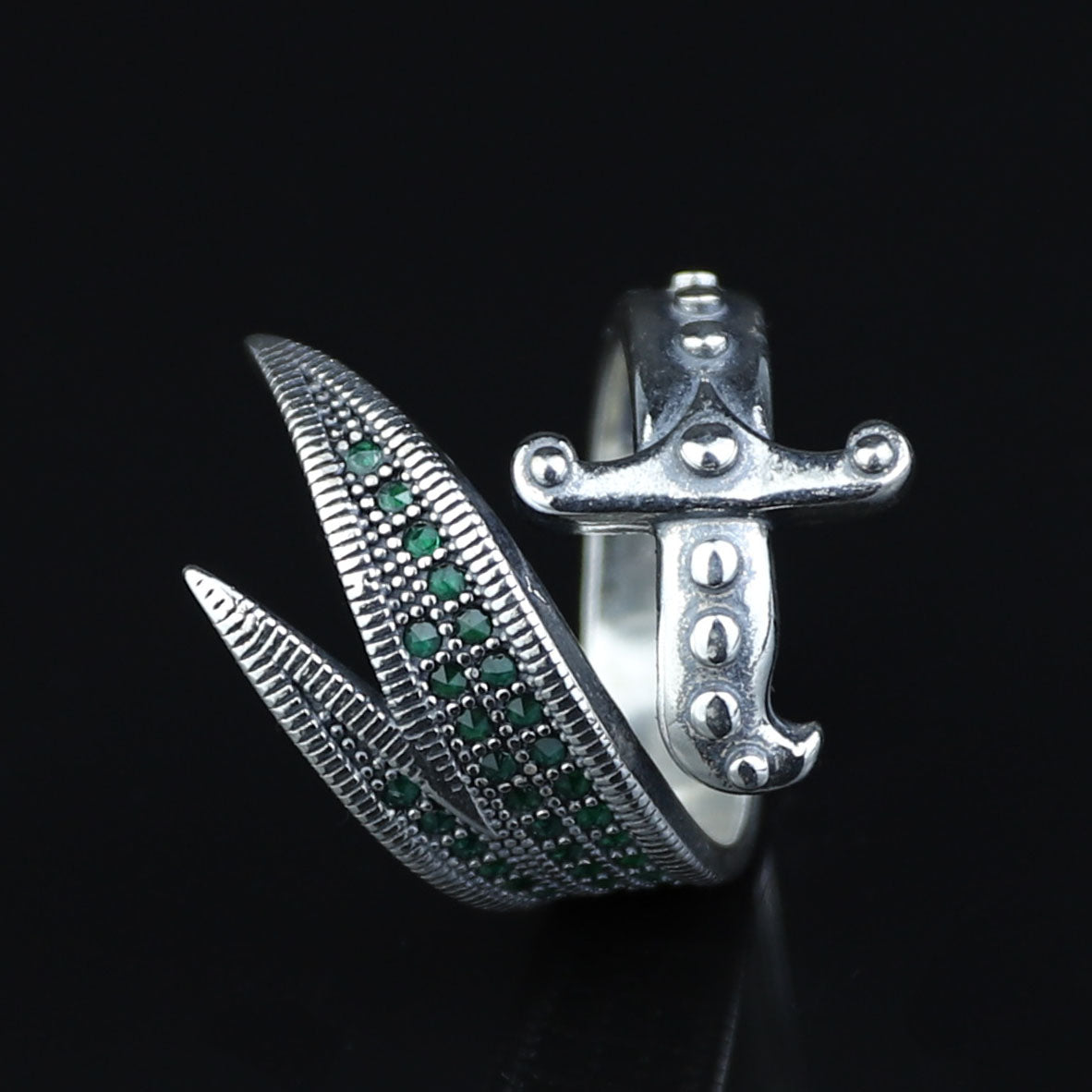 925 Sterling Silver Zulfiqar Sword Ring with Emerald Stone for Men