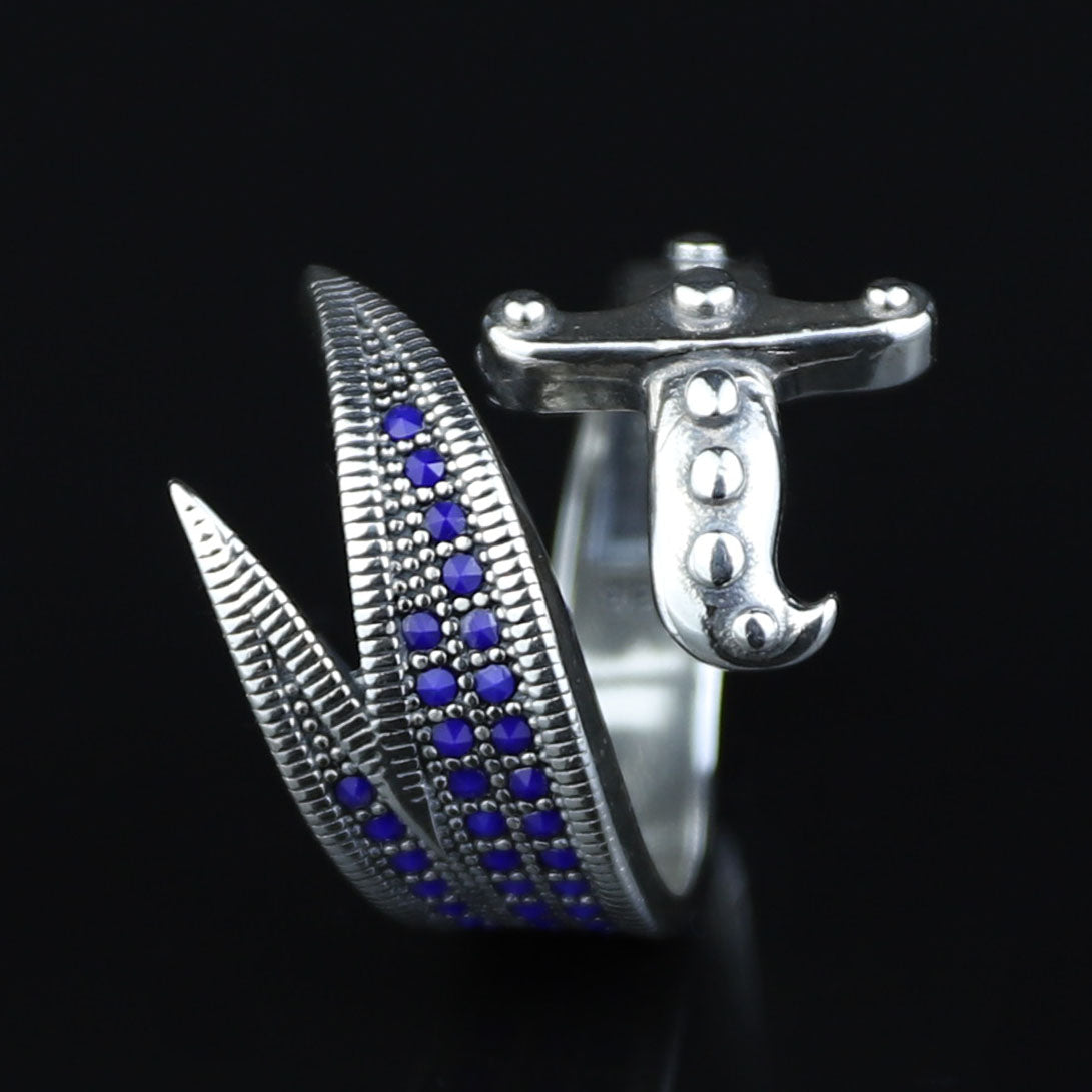 925 Sterling Silver Adjustable Zulfiqar Sword Ring with Sapphire Stone