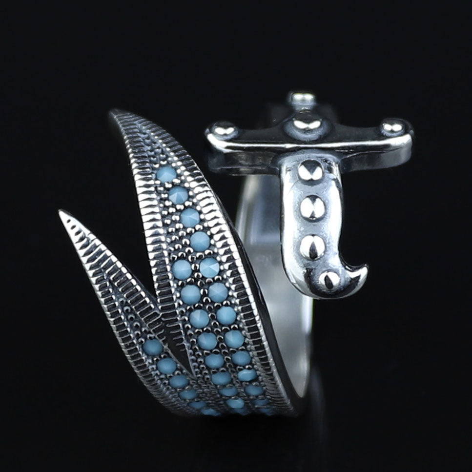 925 Sterling Silver Zulfiqar Sword Ring with Turquoise Stone