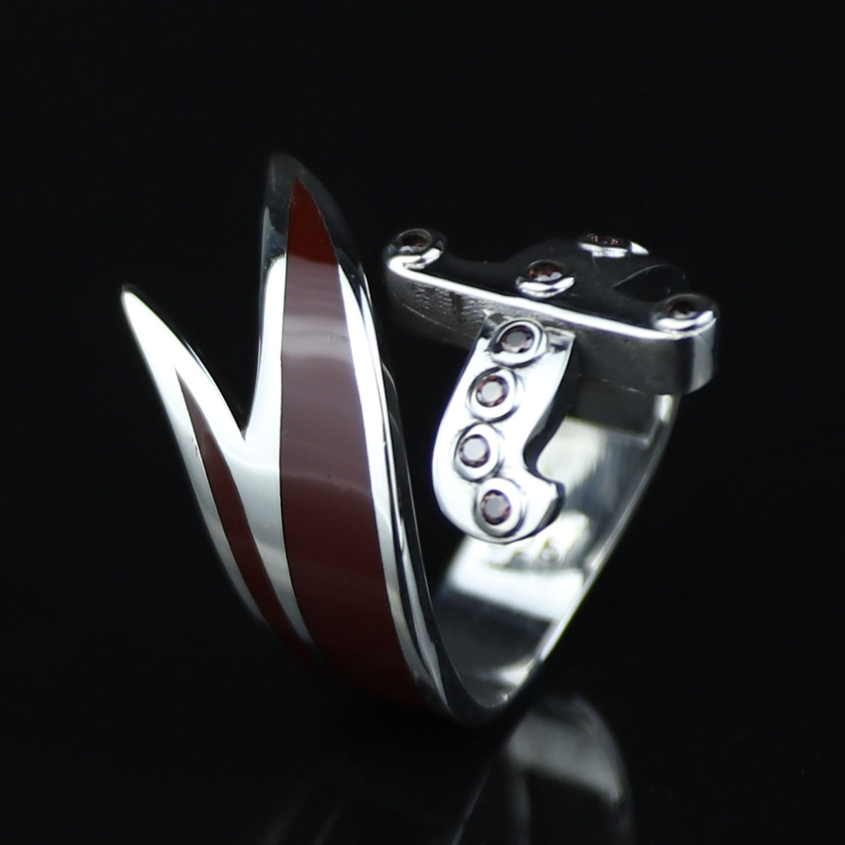 925 Sterling Silver Double Zulfiqar Sword Ring with Ruby Stone