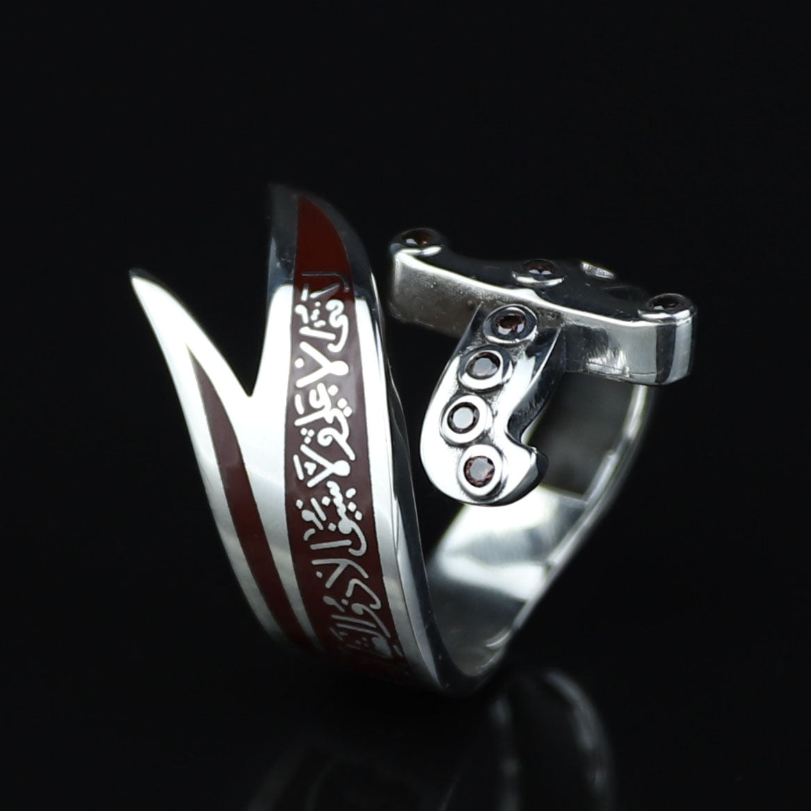 925 Sterling Silver Double Zulfiqar Sword Ring with Ruby Stone