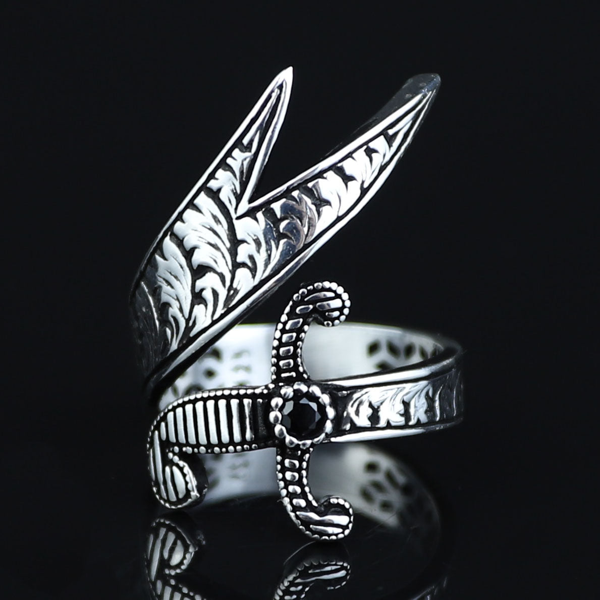 925 Sterling Silver Oxidized Double Zulfiqar Sword Ring