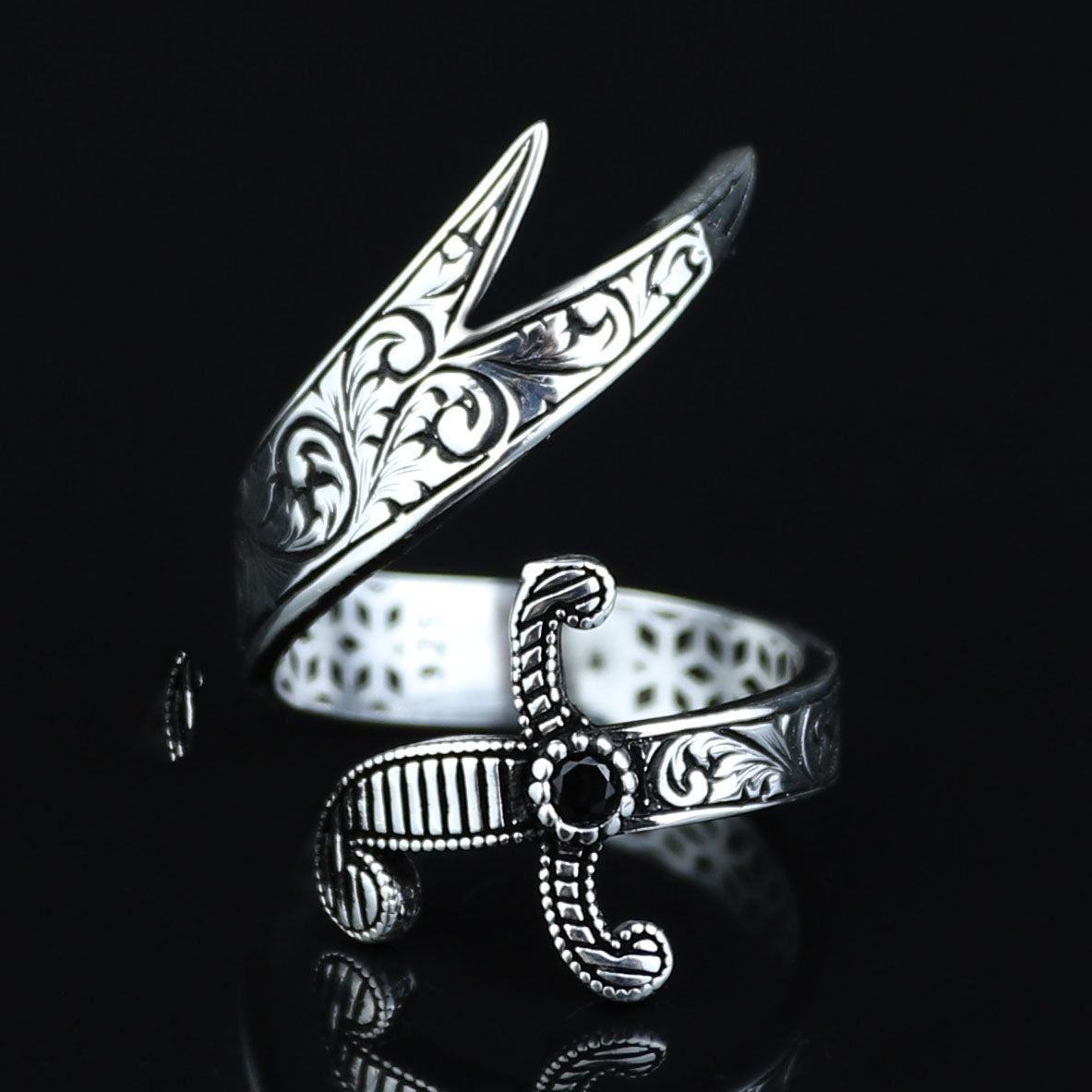 925 Sterling Silver Engraved Double Zulfiqar Sword Ring