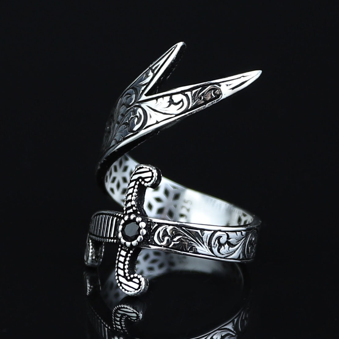 925 Sterling Silver Engraved Double Zulfiqar Sword Ring