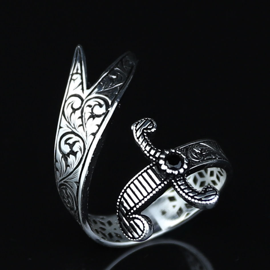 925 Sterling Silver Engraved Double Zulfiqar Sword Ring