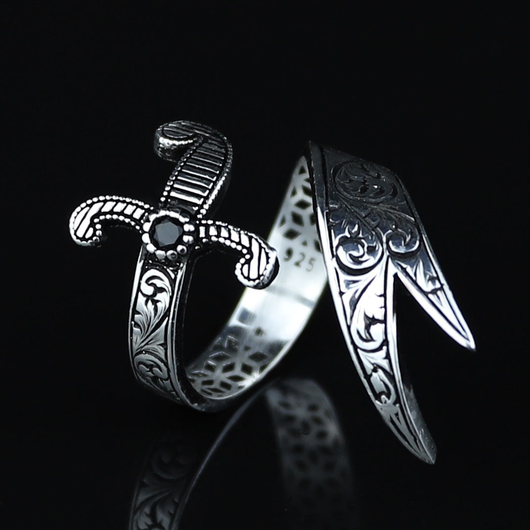 925 Sterling Silver Engraved Double Zulfiqar Sword Ring