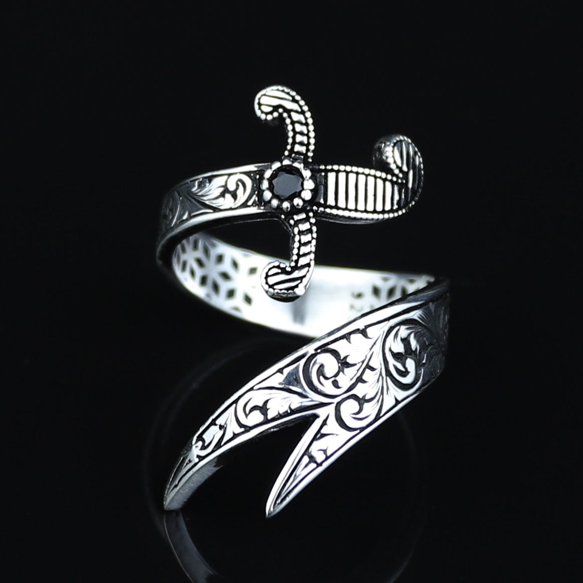 925 Sterling Silver Engraved Double Zulfiqar Sword Ring